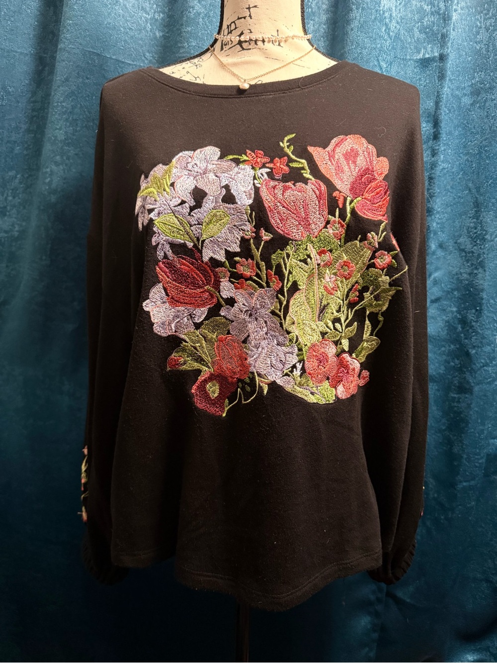 INC International Concepts Black Floral Embroidered Long Sleeve Top